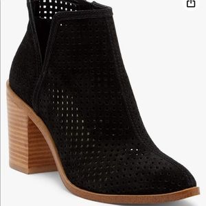 1.STATE Larocka Black Suede Stacked Heel Perforated Ankle Booties.